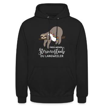 Faultier Einhorn Spruch Fress meinen Sternenstaub - Unisex Hoodie - Schwarz - Vorne - Alina (178cm) & Michal (187cm)