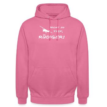 Nicht so Tief, Rüdiger - Deutsches Meme Flugzeug - Unisex Hoodie - Pink - Vorne - Alina (178cm) & Michal (187cm)