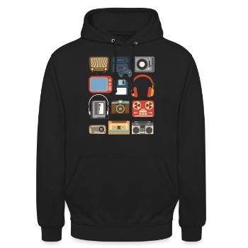 Vintage 90er Jahre Gadgets Party Outfit Geschenk - Unisex Hoodie - Schwarz - Vorne - Alina (178cm) & Michal (187cm)