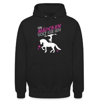 Echte Mädchen Voltigieren I Volti Spruch - Unisex Hoodie - Schwarz - Vorne - Alina (178cm) & Michal (187cm)