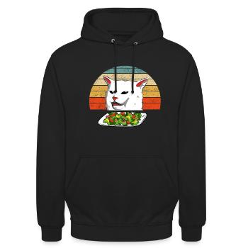 Cat Meme Woman, die bei Tisch Abendessen-Weinlese kreischt - Unisex Hoodie - Schwarz - Vorne - Alina (178cm) & Michal (187cm)