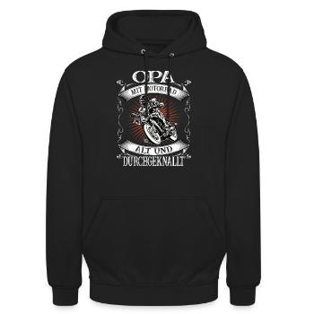 Opa mit Motorrad Biker Rentner Geschenk - Unisex Hoodie - Schwarz - Vorne - Alina (178cm) & Michal (187cm)