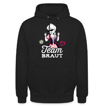 Team Braut Dirndl Tracht Bayern JGA Frauen Kostüm - Unisex Hoodie - Schwarz - Vorne - Alina (178cm) & Michal (187cm)