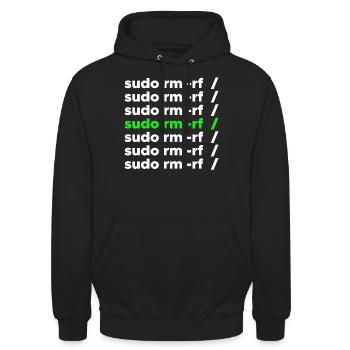 Linux Geek sudo rm -rf Nerd Spruch - Unisex Hoodie - Schwarz - Vorne - Alina (178cm) & Michal (187cm)