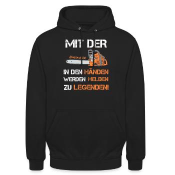 Motorsägen Legende Spruch Sägen Wald Holz Forst - Unisex Hoodie - Schwarz - Vorne - Alina (178cm) & Michal (187cm)