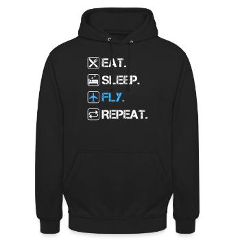 Eat Sleep Fly Repeat Fluglehrer Pilot Flugzeug - Unisex Hoodie - Schwarz - Vorne - Alina (178cm) & Michal (187cm)