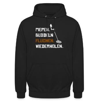 Sondler mit Metalldetektor Sondengänger Geschenk - Unisex Hoodie - Schwarz - Vorne - Alina (178cm) & Michal (187cm)