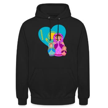 Babuschka Matrjoschka Design mit Kasachstan Flagge - Unisex Hoodie - Schwarz - Vorne - Alina (178cm) & Michal (187cm)