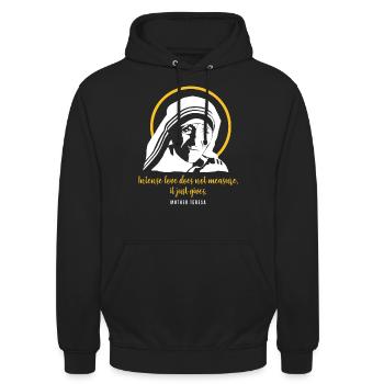Heilige Mutter Teresa mit Heiligenschein - Spruch - Unisex Hoodie - Schwarz - Vorne - Alina (178cm) & Michal (187cm)