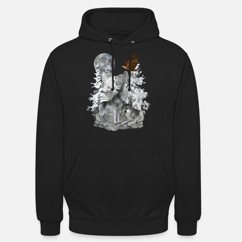 Loups, Hiver, Aigle, Lune - Sweat-shirt à capuche unisexe - noir