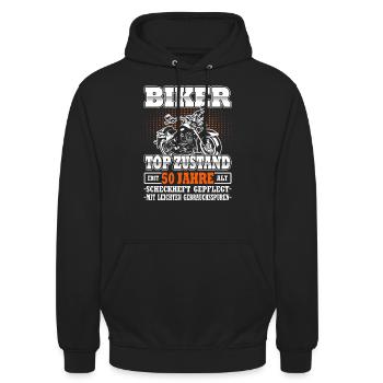 Motorradfahrer & Biker 50. Geburtstag - Unisex Hoodie - Schwarz - Vorne - Alina (178cm) & Michal (187cm)