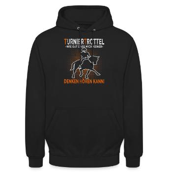 Turniertrottel - Reitturnier - Pferd & Reiterin - Unisex Hoodie - Schwarz - Vorne - Alina (178cm) & Michal (187cm)