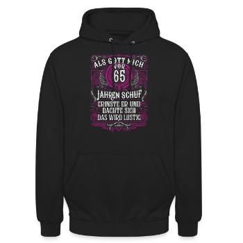Als Gott mich vor 65 Jahren schuf 65. Geburtstag - Unisex Hoodie - Schwarz - Vorne - Alina (178cm) & Michal (187cm)