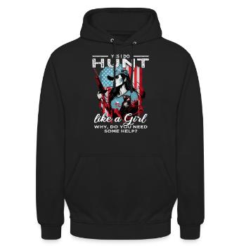 Oui, je chasse comme une fille - Buck Deer Hunting - Sweat-shirt à capuche unisexe - noir - Devant - Alina (178cm) & Michal (187cm)