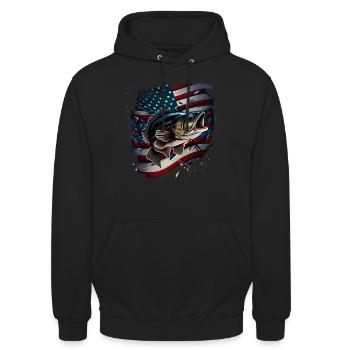 La pêche et un drapeau américain - Achigan à grande bouche - Sweat-shirt à capuche unisexe - noir - Devant - Alina (178cm) & Michal (187cm)