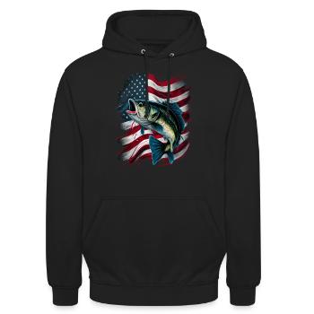 La pêche et un drapeau américain - Achigan à grande bouche - Sweat-shirt à capuche unisexe - noir - Devant - Alina (178cm) & Michal (187cm)