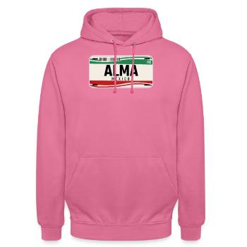 Alma Personalisierte mexikanische Fahrzeugkennzeichen mit Namen - Unisex Hoodie - Pink - Vorne - Alina (178cm) & Michal (187cm)
