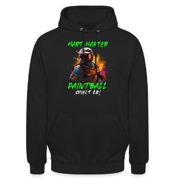 Hart Härter Paintball spielt er | Paintballspieler - Unisex Hoodie - Schwarz - Vorne - Alina (178cm) & Michal (187cm)