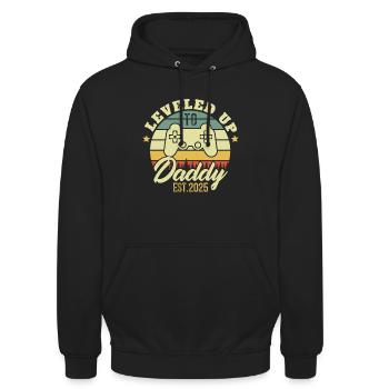 Aufgestiegen bis Papa 2025. Papa-Geschenk 2025 - Unisex Hoodie - Schwarz - Vorne - Alina (178cm) & Michal (187cm)