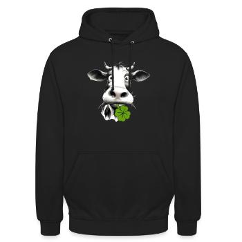 Lustige Kuh mit Kleeblatt bringt Glück und Spaß - Unisex Hoodie - Schwarz - Vorne - Alina (178cm) & Michal (187cm)