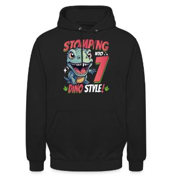 T-Rex Turning 7: Stomping into 7th Dino Style Bday - Unisex Hoodie - Schwarz - Vorne - Alina (178cm) & Michal (187cm)