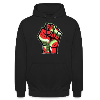 Poing de symbole patriotique de pastèque de Palestine libre - Sweat-shirt à capuche unisexe - noir - Devant - Alina (178cm) & Michal (187cm)