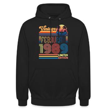 Anniversaire Février 1989. Cadeau Fevrier 1989. - Sweat-shirt à capuche unisexe - noir - Devant - Alina (178cm) & Michal (187cm)