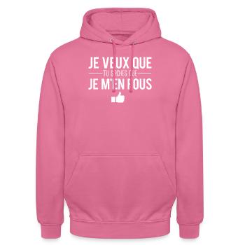 Je veux que tu saches que je men fous humour - Sweat-shirt à capuche unisexe - rose - Devant - Alina (178cm) & Michal (187cm)