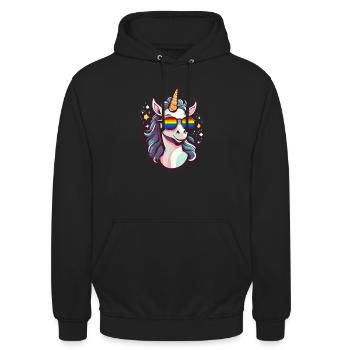 LGBTQ Einhorn mit Sonnenbrille Regenbogen Fahne - Unisex Hoodie - Schwarz - Vorne - Alina (178cm) & Michal (187cm)