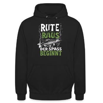 Rute Raus und der Spass beginnt - Fischer Anglner - Unisex Hoodie - Schwarz - Vorne - Alina (178cm) & Michal (187cm)