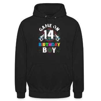 Lasertag Game On 14 Birthday Boy Indoor Laser Tag - Unisex Hoodie - Schwarz - Vorne - Alina (178cm) & Michal (187cm)