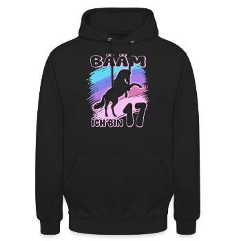 Bääm ich bin 17 | Pferde Mädchen | Reiterin - Unisex Hoodie - Schwarz - Vorne - Alina (178cm) & Michal (187cm)