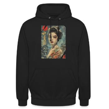 Starke Geisha – Japanisches Retro Poster - Unisex Hoodie - Schwarz - Vorne - Alina (178cm) & Michal (187cm)