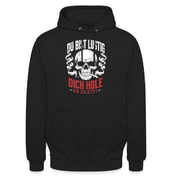 Du bist lustig Totenkopf | Motorradfahrer | Biker - Unisex Hoodie - Schwarz - Vorne - Alina (178cm) & Michal (187cm)