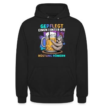 Gepflegt einen hinter die Rüstung römern Faultier - Unisex Hoodie - Schwarz - Vorne - Alina (178cm) & Michal (187cm)