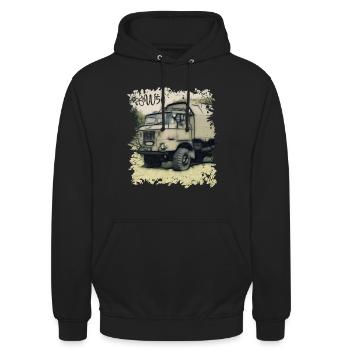 W50 NVA DDR Fahrzeug - Unisex Hoodie - Schwarz - Vorne - Alina (178cm) & Michal (187cm)