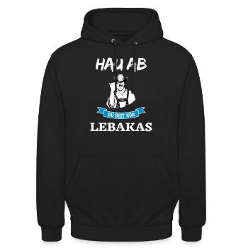 GRANTLER-SHIRT – DU BIST KOA LEBERKÄS - Unisex Hoodie - Schwarz - Vorne - Alina (178cm) & Michal (187cm)