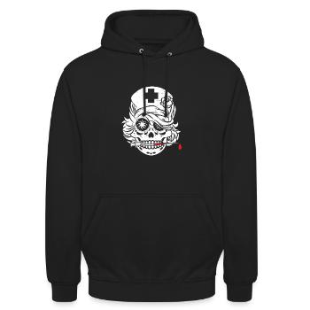 Lustiges Totenkopf Krankenschwester Design - Unisex Hoodie - Schwarz - Vorne - Alina (178cm) & Michal (187cm)