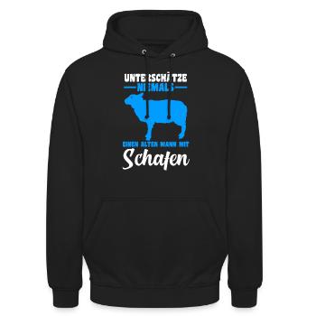 Unterschätze niemals einen alten Mann mit Schafen - Unisex Hoodie - Schwarz - Vorne - Alina (178cm) & Michal (187cm)