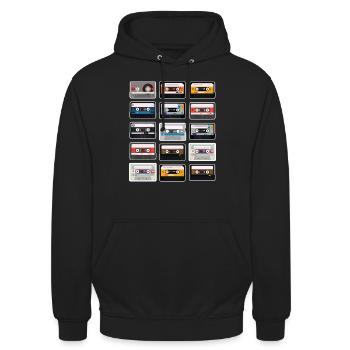 Ich bin ein Kind der 90er Jahre Kassetten 90er - Unisex Hoodie - Schwarz - Vorne - Alina (178cm) & Michal (187cm)