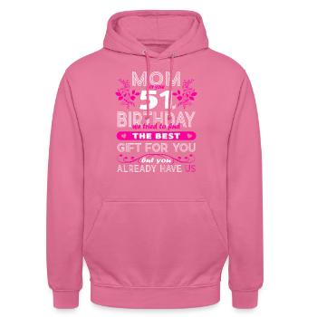 Funny Birthday Wishes Femmes 51e anniversaire - Sweat-shirt à capuche unisexe - rose - Devant - Alina (178cm) & Michal (187cm)