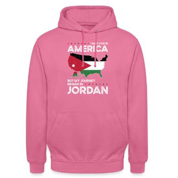 Né Jordanien Jordanien Américain USA USA - Sweat-shirt à capuche unisexe - rose - Devant - Alina (178cm) & Michal (187cm)