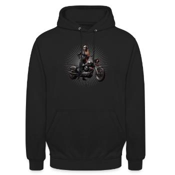 Motorradfahrerin Frau Motorrad - Unisex Hoodie - Schwarz - Vorne - Alina (178cm) & Michal (187cm)