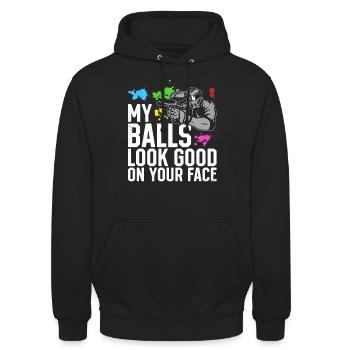 My Balls Look Good On Your Face - Funny Paintballe - Unisex Hoodie - Schwarz - Vorne - Alina (178cm) & Michal (187cm)