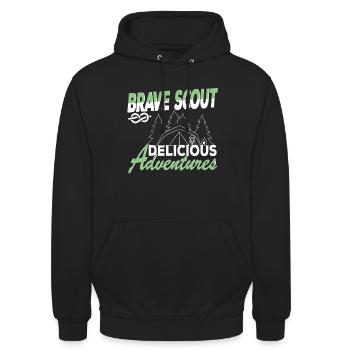 Brave Scout Delicious Adventures Pfadfinder-Vibes - Unisex Hoodie - Schwarz - Vorne - Alina (178cm) & Michal (187cm)
