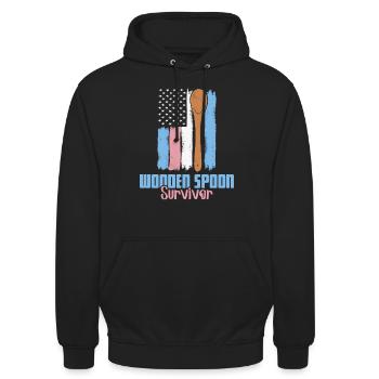 Cuillère en bois Survivor USA drapeau cuillère en bois - Sweat-shirt à capuche unisexe - noir - Devant - Alina (178cm) & Michal (187cm)