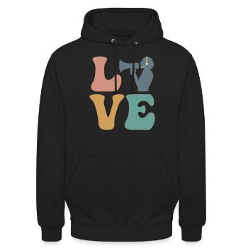 LOVE Stage Manager Musical Theater Stage Crew - Unisex Hoodie - Schwarz - Vorne - Alina (178cm) & Michal (187cm)