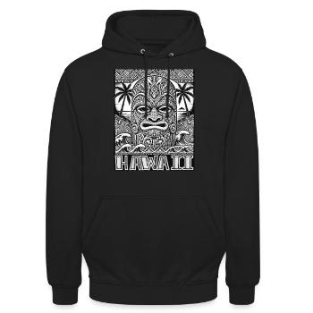Hawaiianische Tiki Maske - Polynesisches Kulturdesign - Unisex Hoodie - Schwarz - Vorne - Alina (178cm) & Michal (187cm)