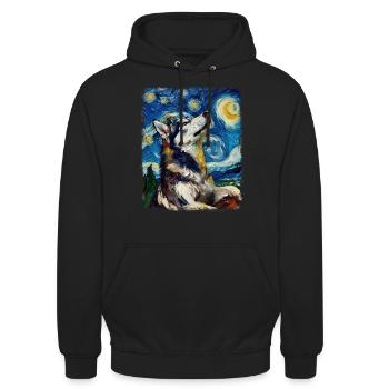 Siberian Husky Hund Sternennacht Gemälde - Unisex Hoodie - Schwarz - Vorne - Alina (178cm) & Michal (187cm)