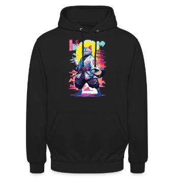 Conception esthétique Samurai Cat Vaporwave - Sweat-shirt à capuche unisexe - noir - Devant - Alina (178cm) & Michal (187cm)